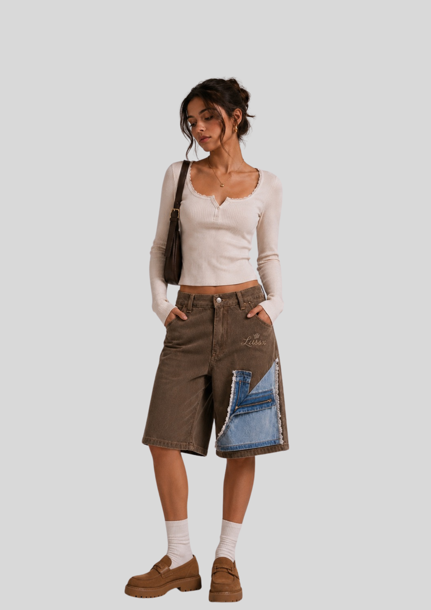 Patchwork Utility Denim Shorts